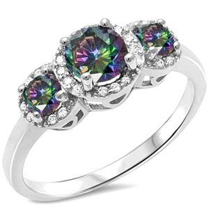 Halo 3 Rainbow Topaz‎ Stone & Cz Sterling Silver Ring Size 7
